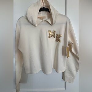 NEW MICHAEL KORS SWEATSHIRT WITH SHIMMERING GOLD SIGNATURE MK LOGO SZ L